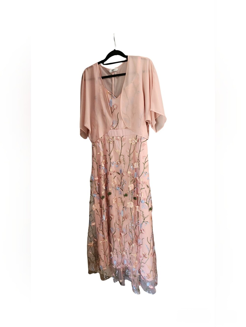 Floral Embroidered Pink A-Line Midi Dress With Matching Shrug.